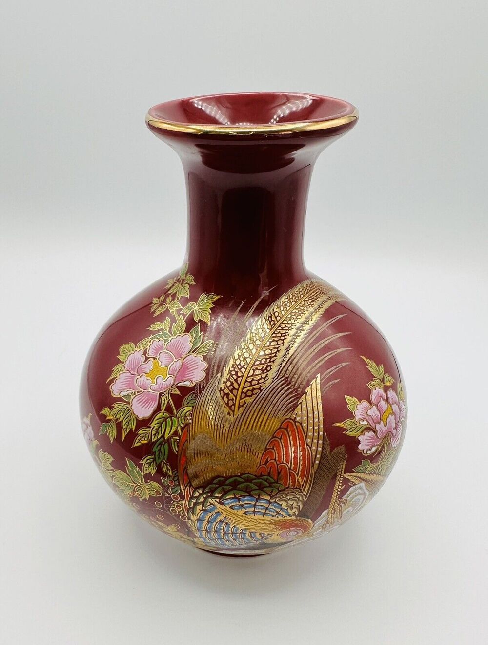 Vintage Toyo Japan Porcelain Floral Peacock Vase Gold Trim Collectible Decor
